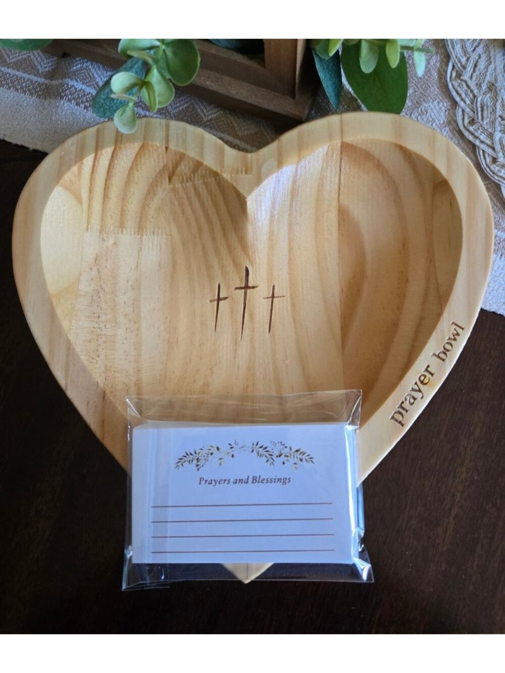 Heart-Shaped Wooden Prayer Bowl With Engraved Crosses & Blessings Cards Set